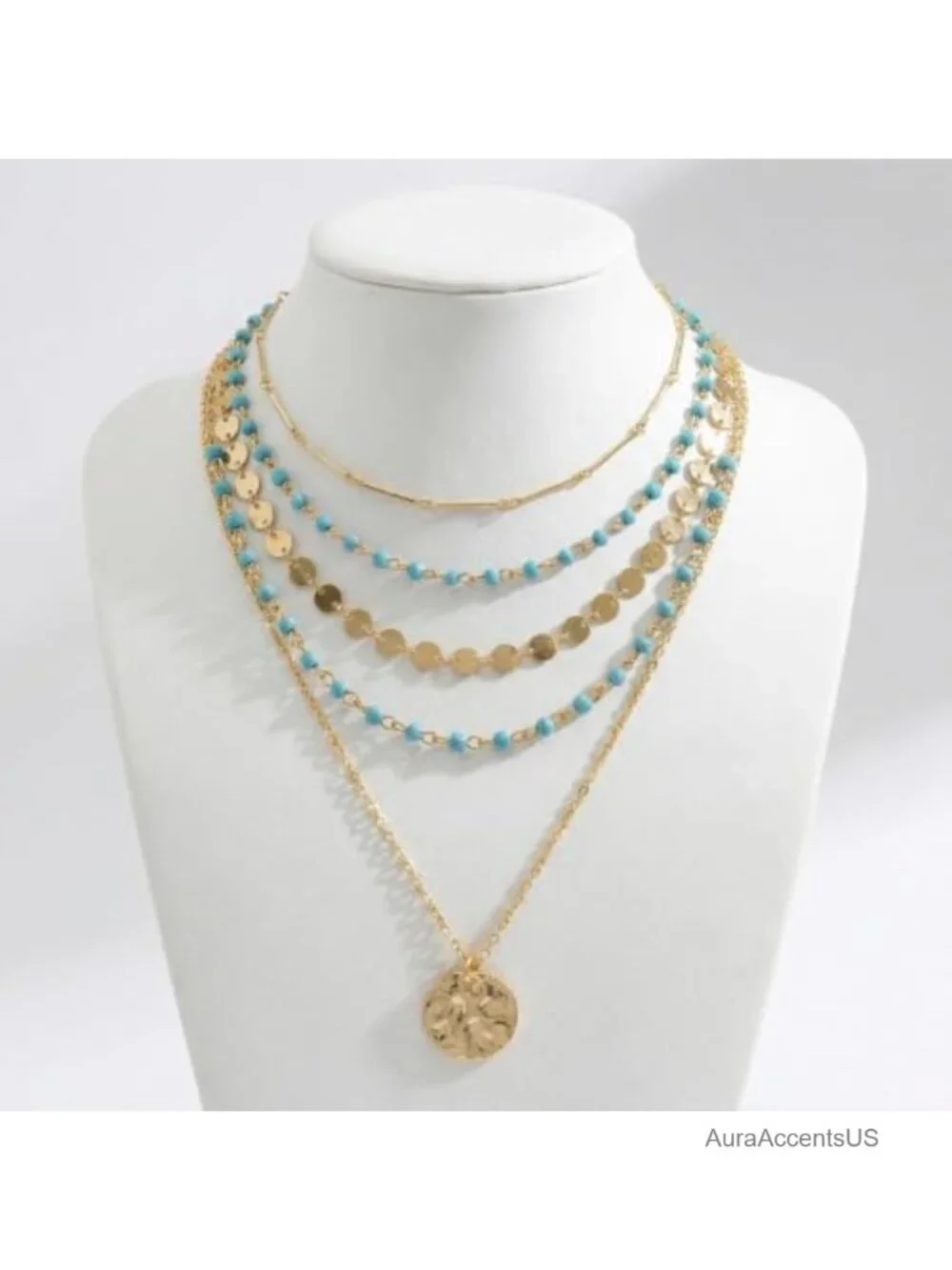 Boho Layered Coin Necklace Set 4 Piece Bohemian Gold Tone Metal Chain Women